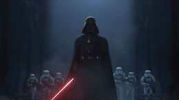 Darth Vader confronts the rebels with a squadron of stormtroopers.