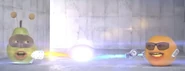 Pear-asite blasting his heat ray against Orange's freeze ray