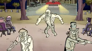 Howard Fightington with two Zombies before being blinded by the light of the Park car by Mordecai and Rigby.