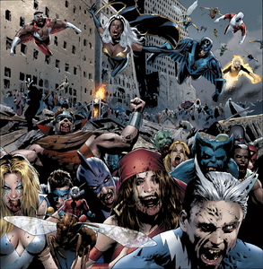 Quicksilver and other zombified heroes chasing after survivors.