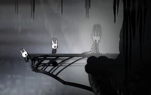 The Pale King leading the adolescent Hollow Knight out of the Abyss.