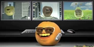 Pear-asite stealing Dr. Apefruit's costume and abilities, causing him to topple off a building