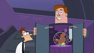 Norm revealing his power source: a squirrel running on a hamster wheel inside his body.