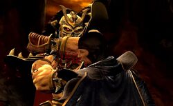 Shao Kahn beating Raiden.