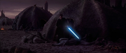Enraged, Skywalker left his mother's body in the tent, ignited his lightsaber, and killed the two Tuskens guarding the tent.