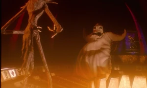 Oogie shocked to see Jack escape from the giant saw.