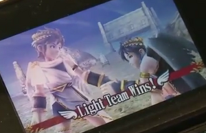 Pit is helping Dark Pit after defeating the dark team.