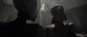 The bartender gives Ventress a drink as compliments of a lizard bounty hunter.