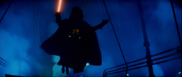 Darth Vader jumped after Skywalker over the stairs and leaped through the air.