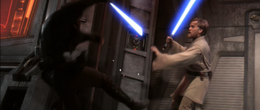 Vader renewed his attack, though Kenobi managed to kick him back.