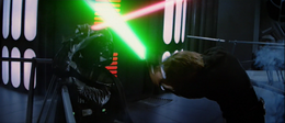 Darth Vader grows weak as Luke strikes him down.