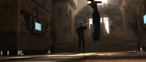 Dooku holds Queen Miraj in a Force choke levitating her body off the ground.