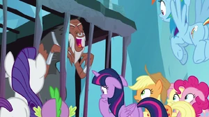 Tirek laughing at the Mane Six and Spike's misfortune at falling for Cozy Glow's tricks.
