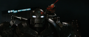 Stane wearing the Iron Monger Suit.