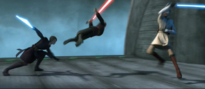 Count Dooku twirls in the air during his duel with the Jedi.