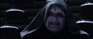 Sidious laughs as he gains the upper hand against Yoda.