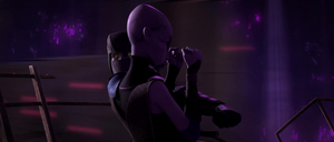 Ventress blocks a hit from a shrouded Kage.