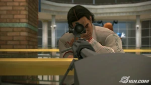 Carlito using a Sniper rifle, attempting to kill Frank West and Brad Garrison.