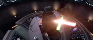 Both Force users engaged in a saber duel in the Emperor’s podium.