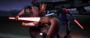 Opress dueled a Nikto Jedi while Maul confronted Finn Ertay, a female Twi'lek.