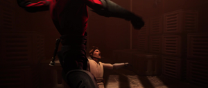 Maul smacks Obi-Wan unconscious.