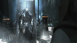 Emperor Palpatine watches as Lord Starkiller's suit is completed