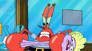 Mr. Krabs grunts and rips the baby in half.