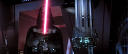 Vader uses the dark side of the Force, hurling everything that comes to hand at Luke: equipment, construction elements and furniture.