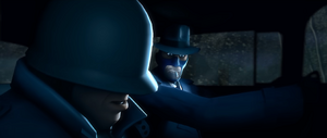 Jacques and Soldier listen in to the radio.