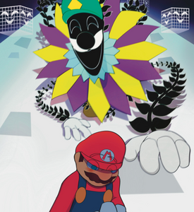 Super Dimentio crawls toward Mario in a rapid pace.