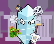Crystally bounded by string while some contestants attack him.