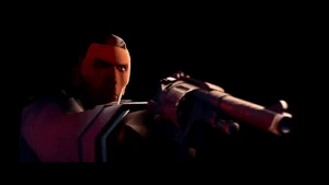 Spy putting his revolver down after shooting the Butcher