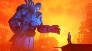 In the poster where it is looking down at the protagonist of the SFM video Goliatron, the BLU Scout.