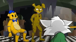 Springtrap and Fredbear's corpse in front of Mangle.