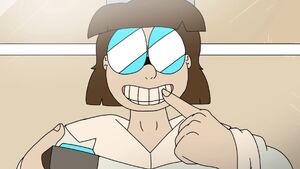 The Scientist's evil grin, as she'sforcing a crying Huggy Wuggy to smile.