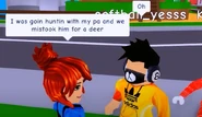 Jasmine telling softball_yesss that his pet died in a hunting accident.