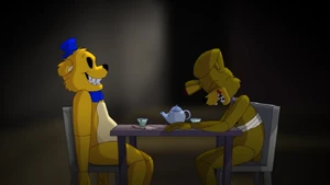 Springtrap's laughs psychotically with the lifeless body of Fredbear.