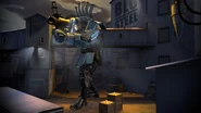 Seen in the poster with a rocket launcher.