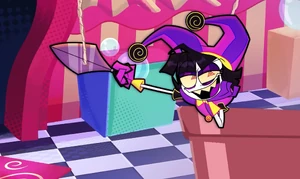 ALBB9.jpg (320 KB) Pox cuts rope which holds a rubber duck, bowling ball, and piano, making them fall at Jammi