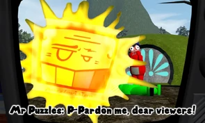 Mr. Puzzles as the Teletubby sun.