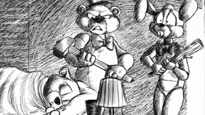 A hestitant Springtrap next to Fredbear, who's about to kill Freddy.