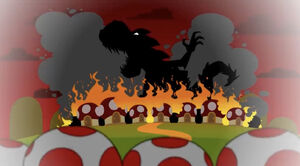Yoshzilla terrorizing the Toad village.