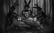 Blackrabbit performing the Happiest Day ritual with the ghosts of Fritz, Simon, and herself, in the final ending of the original POPGOES continuity (Art by Turntail).