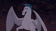 Pegasus (Hercules' winged steed, also formidable fighter on his own right, accompanied his rider on his battles against the villain alliance, clashed with Ronno, Yzma's wolf, Jafar, Odin's wolf and crows, contributed his effort in stopping Maleficent and Chernabog in battle of Bald Mountain, survived and celebrated the end at the King's castle in Paris, returned to Thebes for rest)