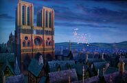 Notre Dame Cathedral (French Catholic Church, situated in Paris, dwelling place of Quasimodo, left abandoned, after Quasimodo's decision to become involved in the war, presumably standing)