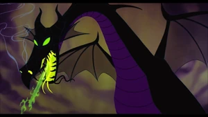 Archieve footage of Maleficent's dragon form used to represent Queen Narissa in her dragon form getting beaten down by Scar in Villains Battles 2