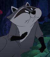 Meeko (Racoon companion and friend of Pocahontas, also friend of John Smith, defender of the Wild, clashed with Captain Hook's pirates in the earlier events, also knocked Denahi down in battle of the Pride Lands, forced to leave the forests during the Firebird's re-appearance, contributed his effort in stopping Shere Khan in battle of Pride Rock, forced to escape during the Lava Titan's revealation, also contributed his effort in stopping Maleficent and Chernabog in battle of Bald Mountain, survived and remained in the Native Lands along with Pocahontas and friends)
