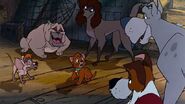 Dodger's Gang (Gang of stray dogs led by Dodger, members of the Disney Dogs and Cats, clashed with Cruella De Vil's forces, including Cruella, Madam Medusa, and Edgar, also threatened Si and Am, also clashed with the Coachman and allies in battle of the Circus, also clashed with Ratigan's rodent army in battle of Castle Grimhilde, threatened by the Titans in the attack on Thebes, saved by Willie the Giant, contributed their effort in stopping Maleficent and Chernabog in battle of Bald Mountain, survived and bid farewell to Oliver, the Dogs and Cats' faction before departing with Fagin to the unknown)