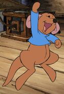Roo (Energetic kangaroo, son of Kanga, close friend and partner of Tigger, inhabitant of the One Hundred Acre Wood, joined Aladdin and Hercules' resistance movement on purpose to find Christopher Robin before being dispatched from the faction after the attack against the heroes, joined up with the circus captives, and later with main resistance movement, clashed with Queen Grimhilde and forces, Dr. Facilier and illusions, Prince John and forces, McLeach and Alameda Slim in various fights and battles, including the mountain battle, the attack on the heroes, and the battles of Nottingham and Pride Lands, threatened by Joanna in battle of the Pride Lands, the Titans in the attack on Thebes, survived a confrontation with the Ice and Wind Titans alongside Tigger, contributed his effort in stopping Maleficent and Chernabog in battle of Bald Mountain, survived the battle, bid farewell to Willie the Giant and the other heroes he befriended, reunited with Christopher Robin, returned to the One Hundred Acre Wood)