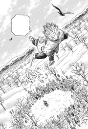 Thorfinn braces against Thorkell's kick by bouncing off of it, but the force sends him flying through the air